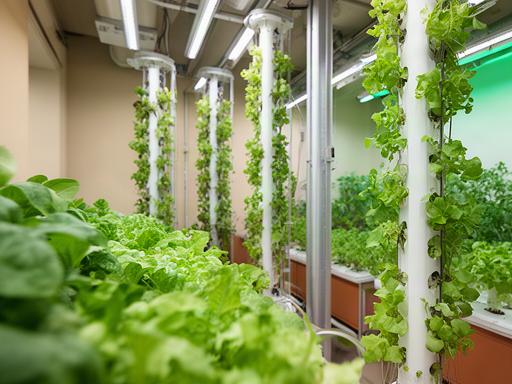 Torres verticales hidropónicas con hojas verdes bajo iluminación LED en una instalación urbana de Alcorcón