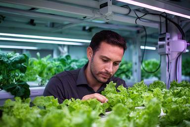 Francixco Motawakil, ingeniero agrónomo, examinando plantas de hoja verde bajo luces de cultivo