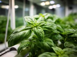 Albahaca genovesa frondosa creciendo bajo luz de cultivo en Alcorcón