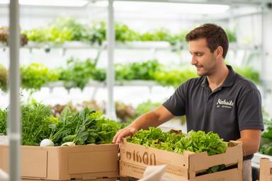 Hawa Nao, especialista en logística local, preparando cajas de verduras para restaurantes