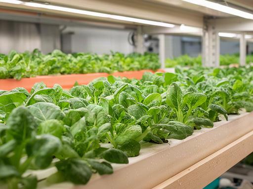 Bandejas de hojas verdes hidropónicas en una sala de cultivo vertical de Alcorcón